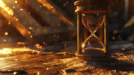 An elegant sand timer rests on a rustic wooden surface as golden light cascades around it, creating a warm and mystical atmosphere. With copy space for text.