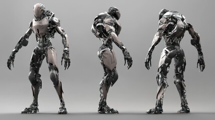Three Poses of a Futuristic, Metallic Android