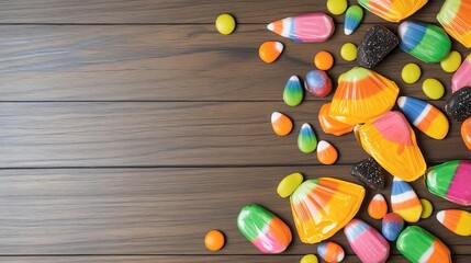 Obraz premium Witch-shaped candy wrappers scattered on a wooden table, Halloween candy details, concept