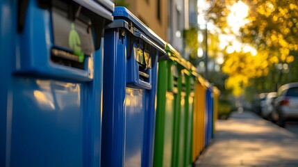 Colorful recycling bins in blue, green, and yellow are arranged outdoors, emphasizing an eco-friendly waste sorting system in an urban setting, highlighted by sunlit vibrant colors.