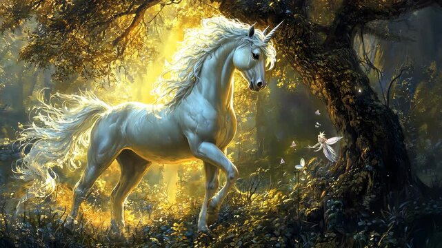 A white unicorn walks through a sunlit forest, its mane and tail flowing in the breeze