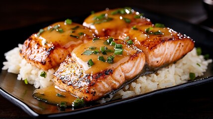   A photo of a close-up plate of food with rice, salmon, sauce, and green onions on top
