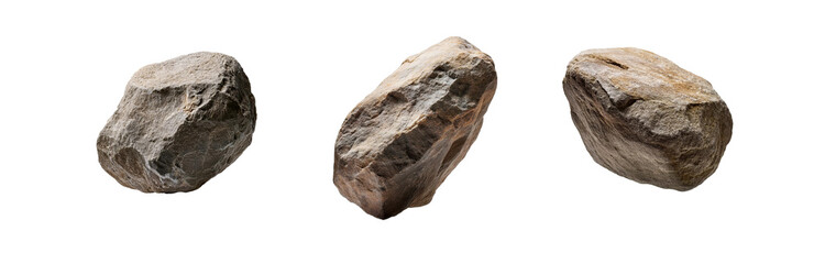 Three isolated, brown stones on a white background.