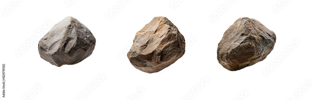 Poster Three isolated brown rocks, each with a unique shape and texture, are set against a white background.
