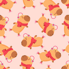 Cute funny capybara skating in Christmas sweater pattern. Isolated animal character capybara rodent. Postcard, poster, sticker for New Year. Holiday seasonal decoration for design, kids collection