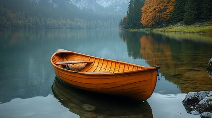 Fototapeta premium A wooden rowboat sits on a calm, misty lake with autumn foliage and mountains in the background.