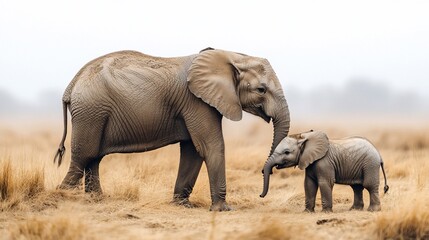 A mother elephant gently touches her calf with her trunk in a grassy field.