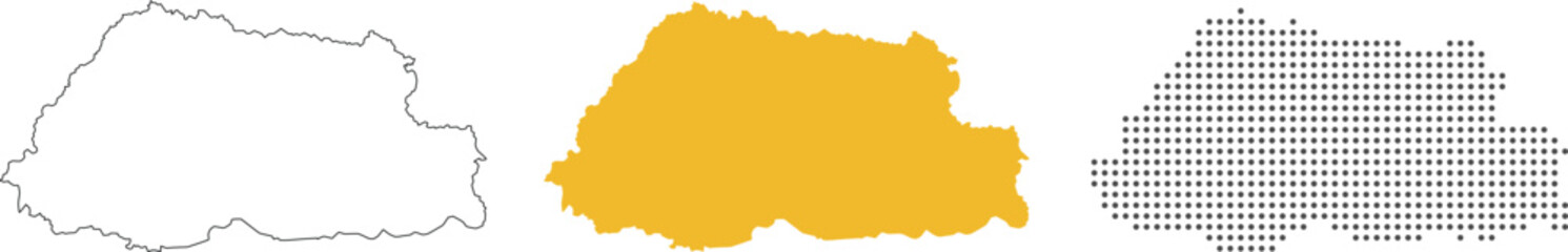 Bhutan map detailed in outline, yellow color, dotted style