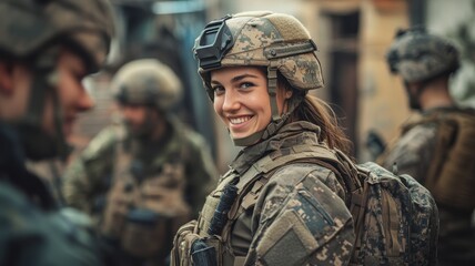 Obraz premium A female soldier in full tactical gear stares ahead with determination, representing strength and readiness in a military setting.