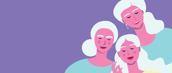 Aging process of BIPOC person, premium flat vector stock illustration or liveliness triptych with afro adult, child, senior woman