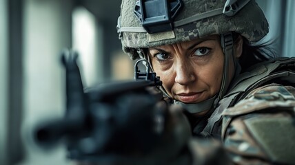 Fototapeta premium A focused female soldier aims her rifle during a tactical mission, demonstrating precision, concentration, and readiness in a combat scenario.
