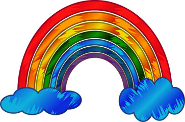 Cartoon composition with colorful rainbow and two clouds isolated on transparent backdrop vector
