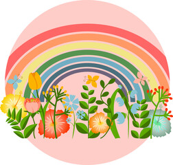 Cartoon landscape with colorful tropical flowers and rainbow on circle badge vector
