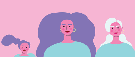 Aging process of BIPOC person, premium flat vector stock illustration or liveliness triptych with afro adult, child, senior woman