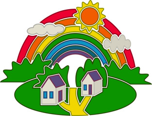 Sculpted single icon with rural landscape and rainbow over country road among houses vector