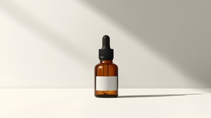 An amber-colored glass dropper bottle with a white label and black cap is presented on a pure white background, emphasizing its minimalist design in a professional product shot.