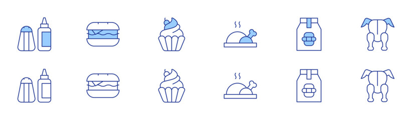 Food icon set in two styles, Duotone and Thin Line style. Editable stroke. salt, roast chicken, food package, hamburger, chicken, cupcake