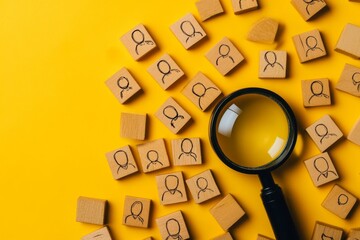 Searching for identity in a digital world. A bright yellow background features wooden blocks with human icons scattered around. The magnifying glass adds focus. Generative AI