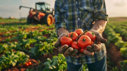 A farmer's hands gently cradling freshly harvested vegetables symbolizing agricultural growth and innovation with a picturesque farm and advanced equipment enhancing the rural landscape