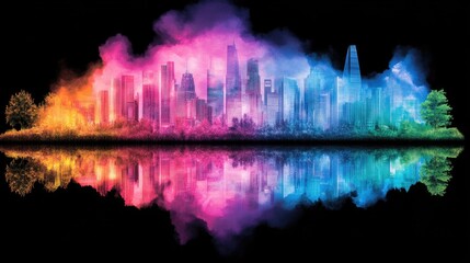 Obraz premium Vibrant rainbow urban skyline reflection amidst nature