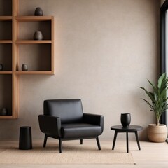 Armchair near black coffee table. Wooden shelf near stucco wall. Minimalist, japandi interior design of modern living room.