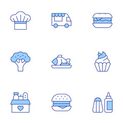 Food icons set. Line Duotone style, editable stroke. salt, fish, food truck, hamburger, food donation, broccoli, burger, chef, cupcake