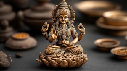Fototapeta premium Intricately detailed bronze statue of a deity in meditative pose with multiple arms, surrounded by blurred traditional elements on a dark surface.
