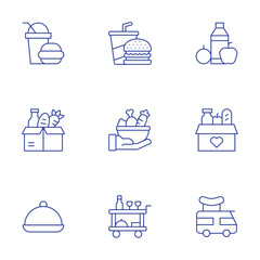Food icons set. Thin Line style, editable stroke. fast food, feeding, food donation, food tray, food trolley, food truck