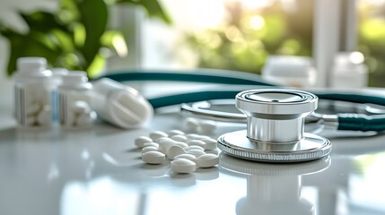 A medical still life showcases a stethoscope and white pill bottles against a bright, clean background, emphasizing a minimalist healthcare concept with professional medical equipment.