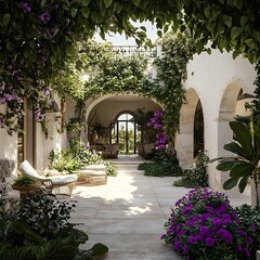 Fototapeta premium A serene courtyard adorned with lush greenery and vibrant flowers, inviting relaxation and tranquility.