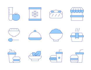 Food icons. Line Duotone style, editable stroke. baby food, fast food, salad, kimchi, laboratory, junk food, food box, food stand, frozen, food tray, banh mi