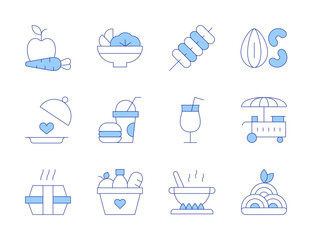 Food icons. Line Duotone style, editable stroke. cooking pot, drink, nuts, salad, tokbokki, food box, food tray, fruit, food, food basket, food cart, fast food