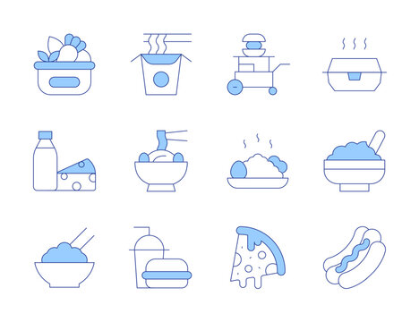 Food icons. Line Duotone style, editable stroke. baby food, kimchi, noodles, milk, pizza, rice bowl, hot dog, hot food, food stall, fried rice, healthy food, fast food