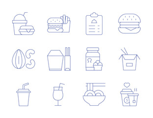 Food icons. Thin Line style, editable stroke. burger, chinese food, drink, drinks, soda, meal, menu, nuts, omega, yakisoba