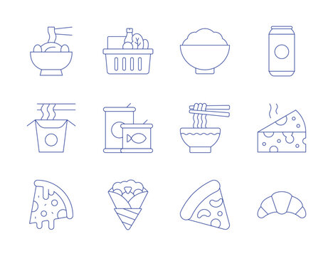 Food icons. Thin Line style, editable stroke. basket, beer, canned food, cheese, crepe, croissant, kimchi, noodles, pizza - Powered by Adobe