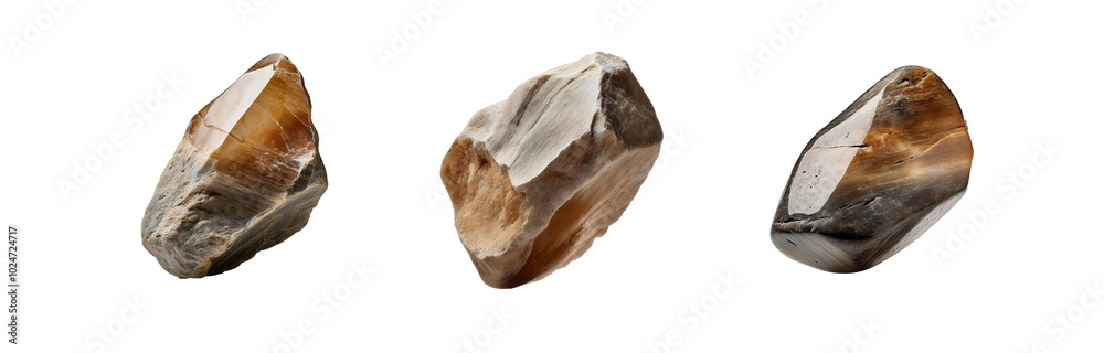 Poster three isolated stones with different textures and colors on a white background.