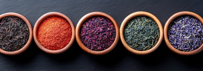 Herbal Tea Ingredients In Wooden Bowls On Black Background