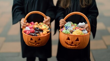 Kids dressed as vampires and witches, holding pumpkin baskets full of candy, Halloween candy delight, concept