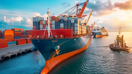 Fototapeta premium A large cargo ship being loaded at a busy port showcasing vibrant activity and clear skies reflecting the importance of international trade and economic globalization in today's world