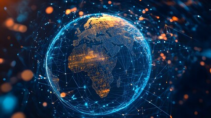 Obraz premium A digital globe with interconnected lines and nodes, representing global network connections and connectivity between different parts of the world
