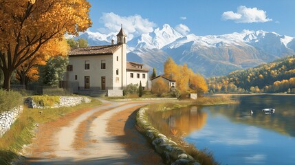 Obraz premium Tranquil Autumn Landscape with Mountain Background