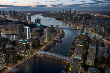 Obraz premium Cities on the banks of rivers and beautiful mountains, with buildings and houses.