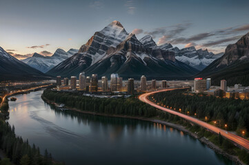 Naklejka premium Cities on the banks of rivers and beautiful mountains, with buildings and houses.