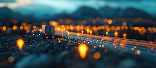 High-definition 3D rendering of a truck on the road surrounded by goods, with data flow lines on a blue background, showcasing clean technology and logistics.