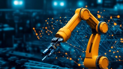 Robot graphic design, overlooking intelligent manufacturing, using a three color color scheme to showcase advanced industrial automation and technological concepts.