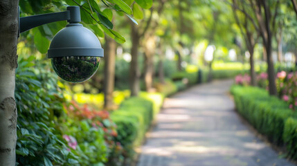 Dome camera on tree in park, outdoor surveillance technology, monitoring green spaces, security solution for public areas, advanced CCTV in natural setting, peaceful park path