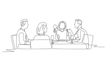 The family talks over dinner. Family dinner concept one-line drawing