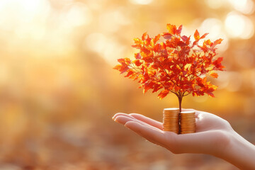 Investment vision, human hand cradles vibrant red tree symbolizing growth, surrounded by golden coins, set against a blurred autumn landscape.