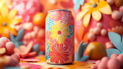 Fototapeta premium A colorful can with a floral design sits in front of a backdrop of pink, orange, and blue paper flowers.
