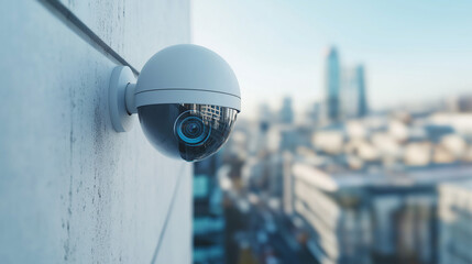 Outdoor dome security camera on building wall, city skyline in background, advanced surveillance system for urban safety, modern security technology, cityscape monitoring, daylight scene